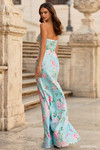 Sherri Hill 57784 in Light Blue Print back view showing zipper closure and sleek satin finish.