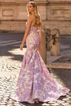 Sherri Hill 57785 in Lilac with mid-open back, zipper closure, and dramatic flared brocade skirt