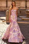 Sherri Hill 57785 in Lilac with strapless neckline and sculpted floral brocade mermaid silhouette