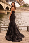 Sherri Hill 57792 in Black with zipper back closure and dramatic flared brocade skirt