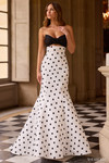 Sherri Hill 57800 in Ivory/Black with strapless sweetheart neckline and polka-dot satin mermaid silhouette