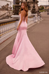 Sherri Hill 57814 in Pink with lace-up back and flowing satin fitted silhouette