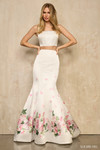 Sherri Hill 57815 in Ivory Print with square neckline corset top and floral-bordered mermaid skirt.
