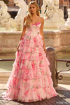 Sherri Hill 57820 in Pink Print with cowl drape sweetheart neckline and cascading ruffle tiers.