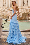 Sherri Hill 57827 in Light Blue with fit-and-flare silhouette and flowing chiffon skirt slit