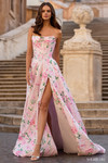 Sherri Hill 57830 in Pink Print with strapless cowl neckline and floral satin A-line silhouette