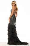 Sherri Hill 57832 in Black/Silver with tiered chiffon ruffle skirt, slit, and open lace-up back