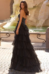Sherri Hill 57891 in Black with tiered chiffon A-line silhouette and flowing back view
