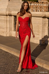 Sherri Hill 57935 in Red with cowl drape sweetheart neckline and thigh-high slit.