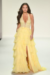 Sherri Hill 57940 in Yellow with lace corset bodice and tiered chiffon skirt with slit.