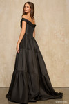 Sherri Hill 57945 side view in Black with tiered Mikado A-line skirt and zipper closure.
