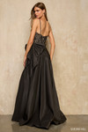 Sherri Hill 57960 in black with spaghetti straps, satin A-line skirt, and thigh-high slit.