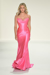 Sherri Hill 57986 in bright pink with strapless corset bodice and fit-and-flare silhouette.