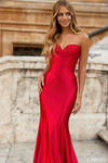 Sherri Hill 57986 in red with lace peek-a-boo bustline and flared hem.