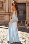 Sherri Hill 58006 back view in Light Blue with lace-up closure and fitted stone embellished silhouette.