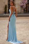 La Femme 33340 in Cloud Blue showcasing the romantic lace-up back and fitted silhouette.