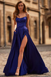 La Femme 33373 in Indigo with draped bodice, high slit, and hidden pockets.