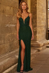 La Femme 33508 in Dark Emerald with plunging V-neckline and high slit.