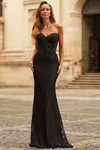 La Femme 33518 in black with beaded lace corset bodice and strapless sweetheart neckline.