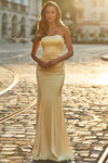 La Femme 33546 in pale yellow with strapless ruched satin bodice and fitted skirt.