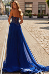 La Femme 33552 in marine blue featuring flowing chiffon A-line skirt with high slit.
