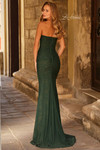 La Femme 33601 in Dark Emerald featuring soft ruching and flared hem from back view.