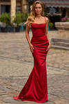 La Femme 33604 in Ruby with draped cowl neckline and spaghetti straps.