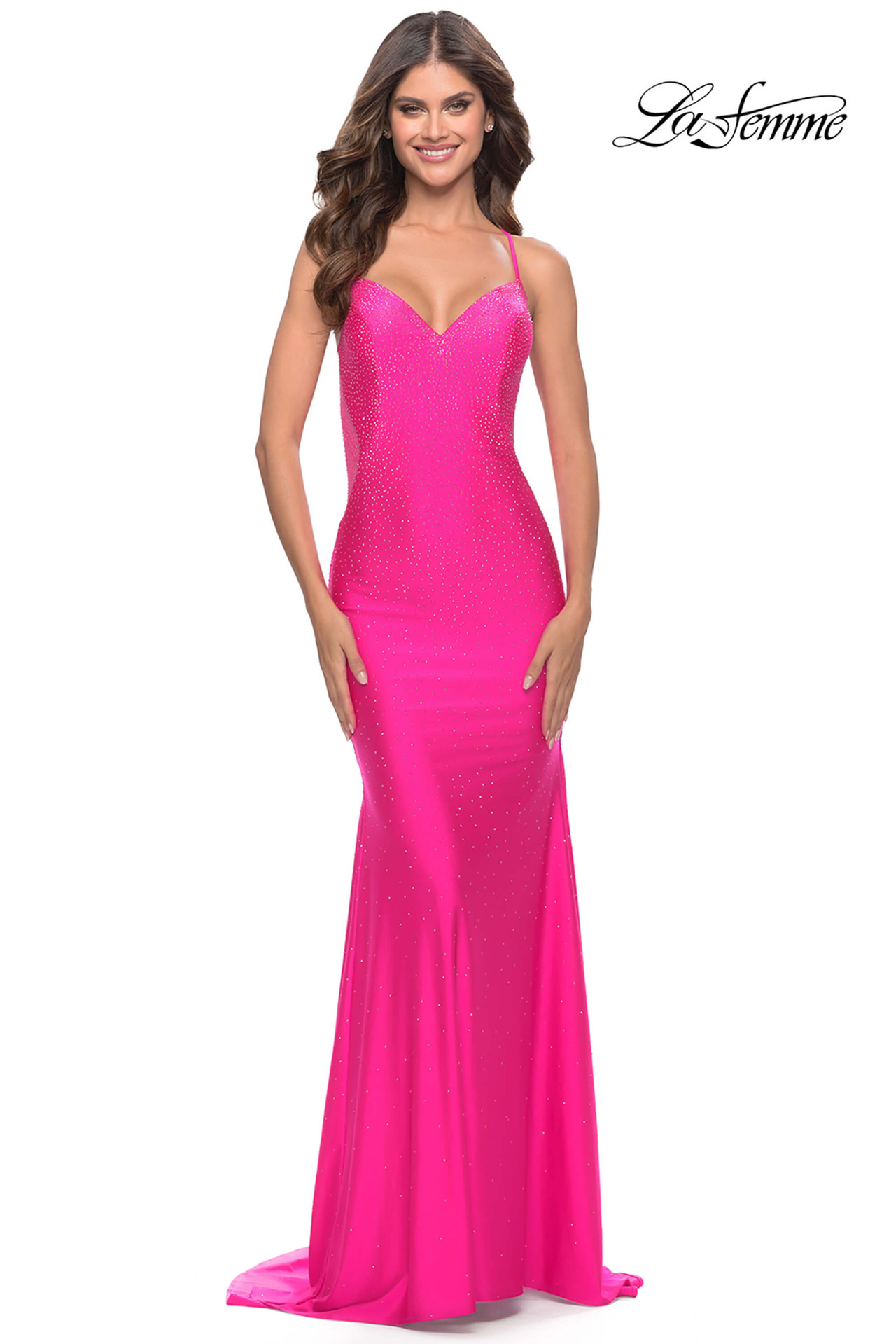 la femme prom dresses pink La Femme Beaded Neon Pink Long Prom Dress Neon Pink / 0