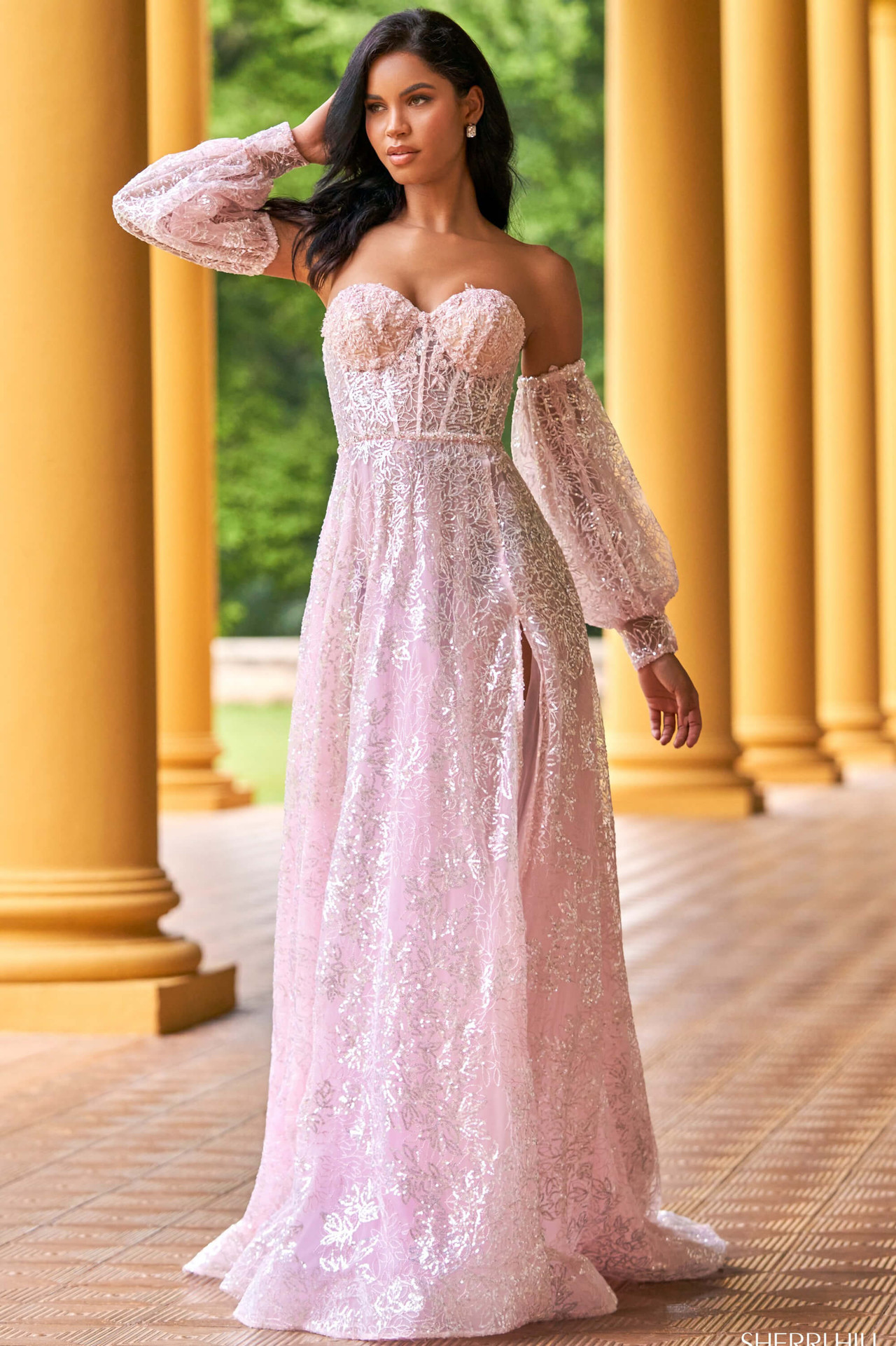 sherri hill pink sequin prom dress Sherri Hill Floral Sequin Fitted Prom Dress 57599 Light Pink Print / 0