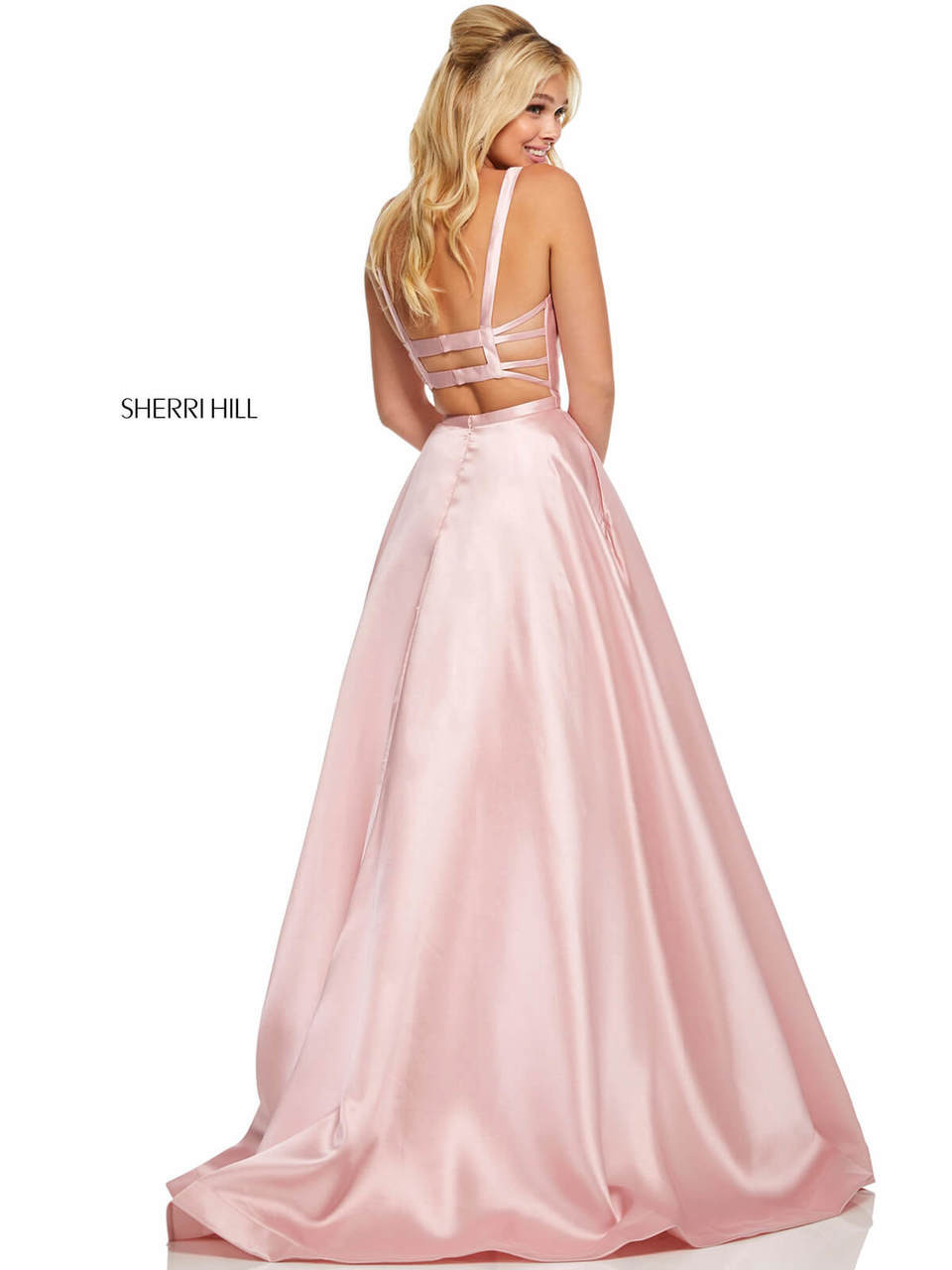 Pink blush silk gown with scoop neckline and feathered hem on Craiyon