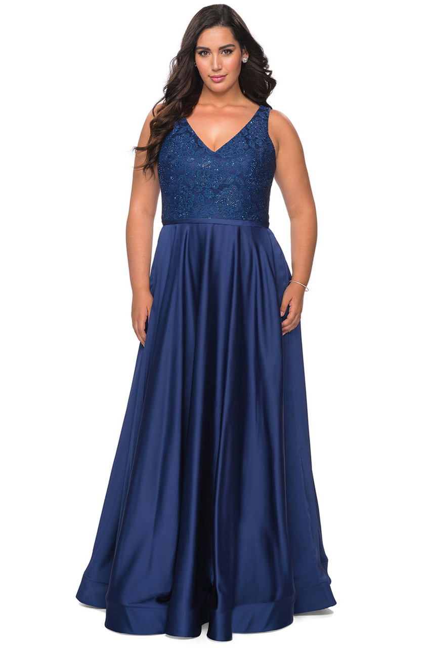 V-neck A-line La Femme Plus Size Prom Dress 29004 - PromHeadquarters.com