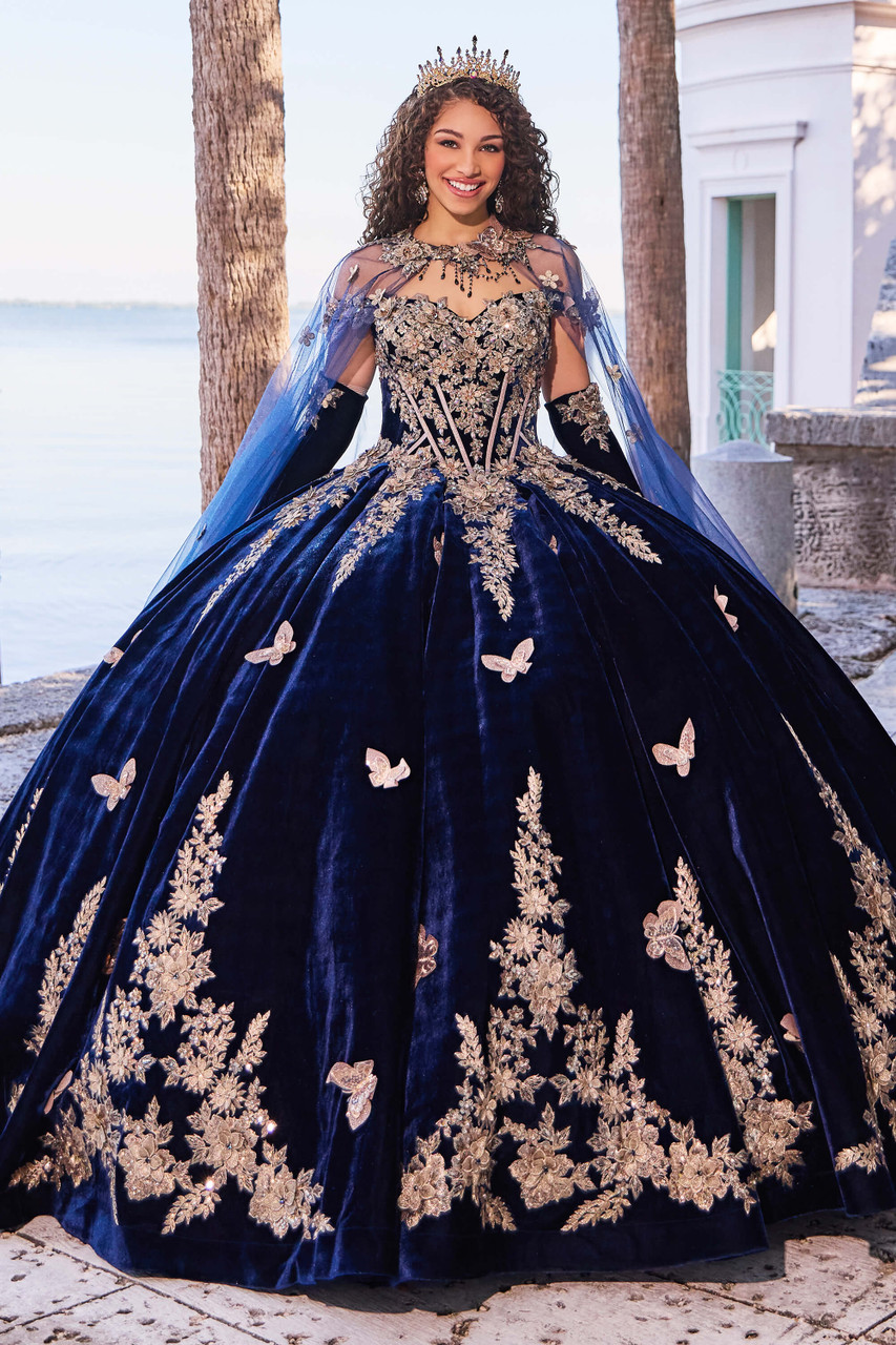 Princesa by Ariana Vara PR30136 - Embroidered Velvet-Made Ballgown 00 / Navy/Gold - Shop Princesa by Ariana Vara Dresses On Couture Candy at