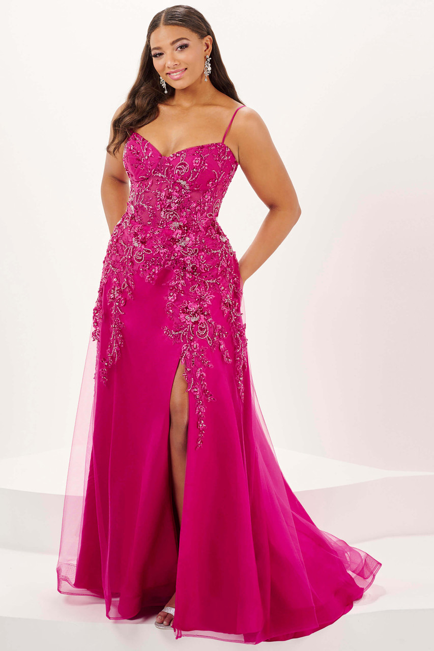 open lace back dress Sparkling Pink Strapless Prom Dress with Lace Applique Bodice and Slit   vigocouture