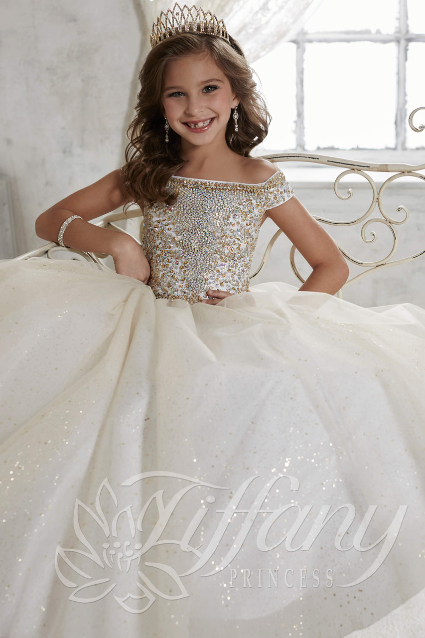 used tiffany princess pageant dresses Tiffany Princess 13788 Size 12 Royal A Line Girls Pageant Dress Crystal Bodice off the shoulder Ballgown