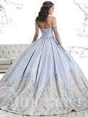 Blue quince dress with satin plain skirt embellished with must-see lace hem