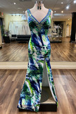 green print v-neck evening dress on sale