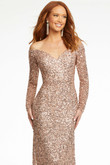 Ashley Lauren 11176 rose gold sequin prom dress featuring off-shoulder neckline and fitted mermaid style Ashley Lauren 11176 rose gold sequin prom dress featuring off-shoulder neckline and fitted mermaid style