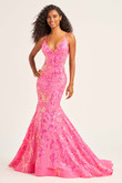 Hot Pink V-neck Ellie Wilde Prom Dress EW35011