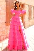 Neon Pink Ruffly Amarra Prom Dress 94000