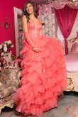 Coral Ruffled A-Line Rachel Allan Prom Dress 70576