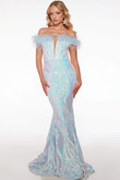 Opal/Light Blue Feather Off -the-Shoulder Alyce Paris Prom Dress 61650