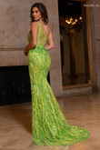 Lime dress Rachel Allan 70772 with asymmetric neck