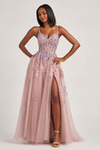 Colette CL6001 A-line prom gown front view in Dusty Lilac/Multi with sweetheart corset bodice and slit