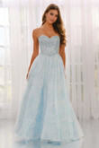 Colette CL6011 A-line prom gown front view in Light Blue Floral with strapless sweetheart neckline
