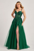Colette CL6018 A-line in Emerald, front view highlighting floral lace appliqués, pockets, and sparkle