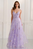 Colette CL6109 A-line gown in Lilac, front view with V-neck bodice and floral embroidered tulle