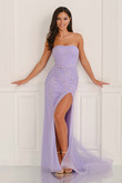 Colette CL6125 strapless fit-and-flare in Lilac, front view showcasing shimmering beading and fitted silhouette