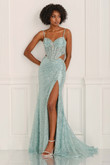 Colette CL6145 sequin gown in Aqua, front view emphasizing corset shaping and dazzling sequins