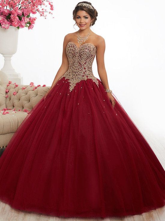 gold and wine quinceaneara dress with sweetheart neckline and plain tulle skirt by fiesta 56341