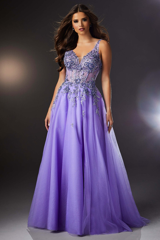 orchid a-line tulle v-neck prom dress 47019